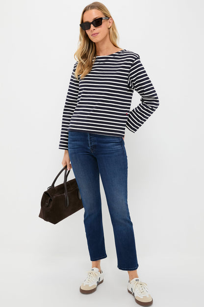 Navy and White Boat Neck Long Sleeve Shirt
