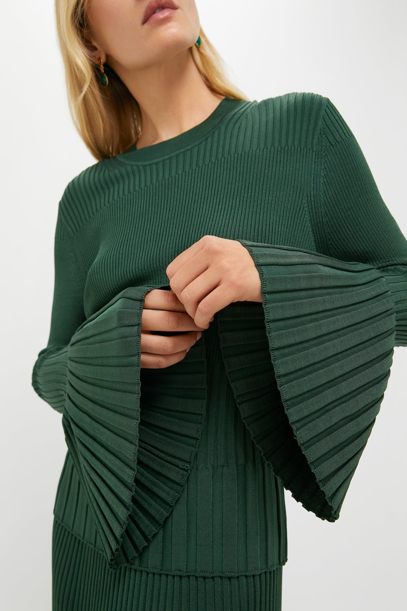 Dark Green Bell Sleeve Rib Sweater