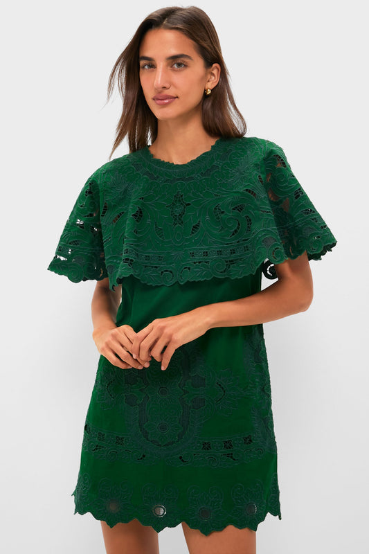 Green Ceci Embroidery Capelet Mini Dress