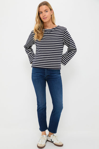 Navy and White Boat Neck Long Sleeve Shirt