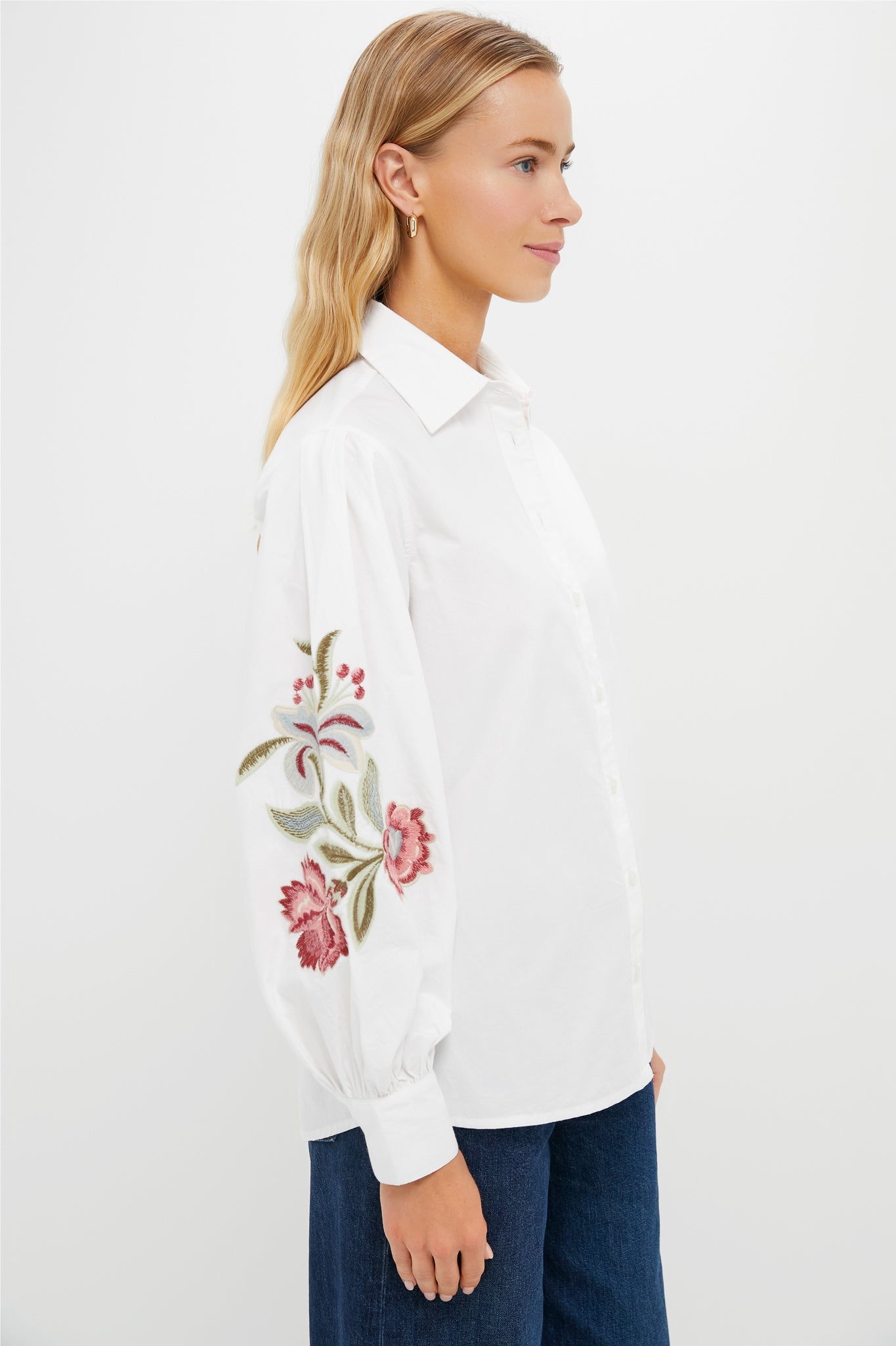 White Floral Embroidered Carolina Button Down