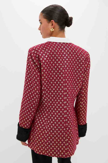 Burgundy and Gold Lea Geom Fur Jacket
