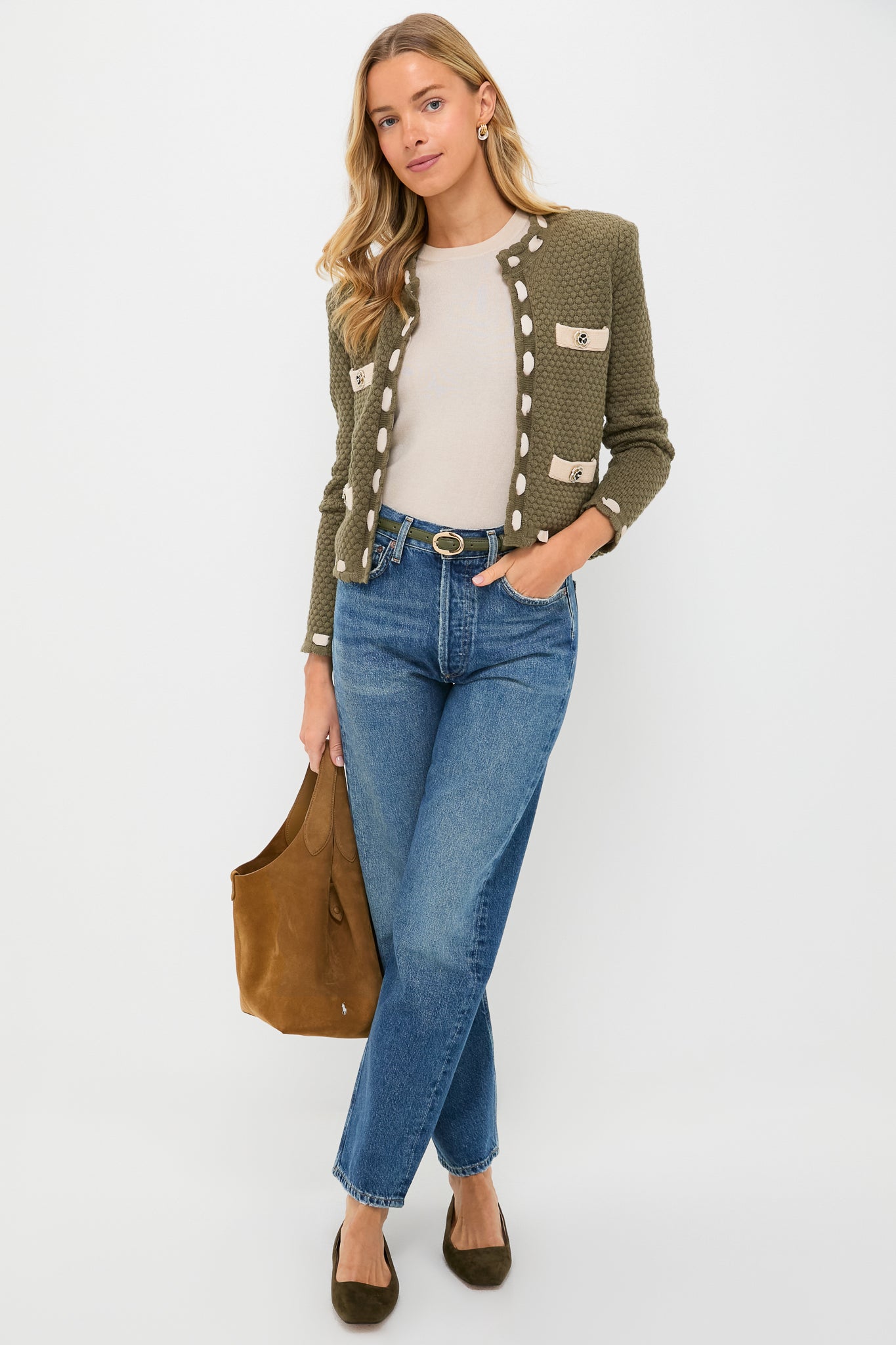 Army and Biscuit Astor Contrast Trim Cardi