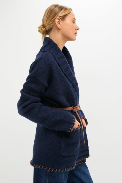 Navy and Brown Blanket Stitch Harrow Cardigan