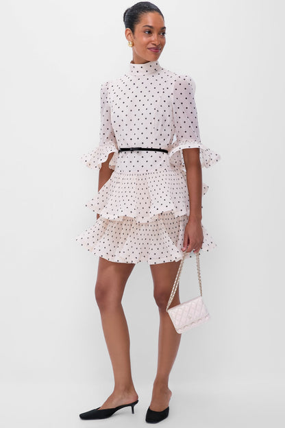 Cream and Black Polka Dot Pleated Sleeved Mini Dress