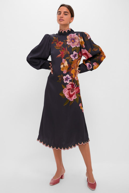 Black Chenille Flowers Midi Dress