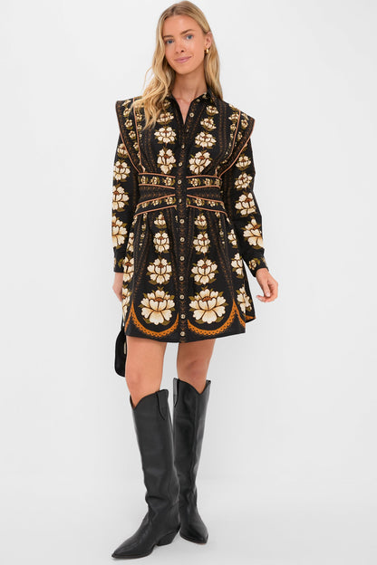 Black Embroidered Flowers Topstitching Long Sleeve Mini Dress