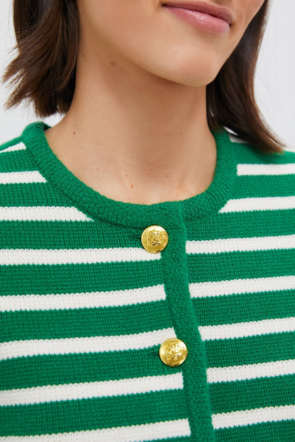 Green & White Striped Short Sleeve Anna Cardigan