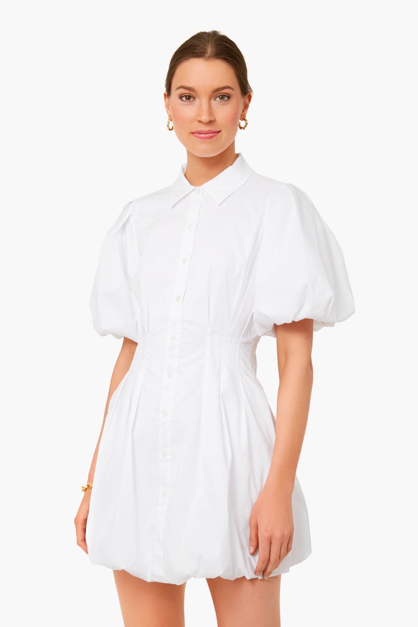 White Cleo Core Pleated Poplin Balloon Pintuck Mini Dress