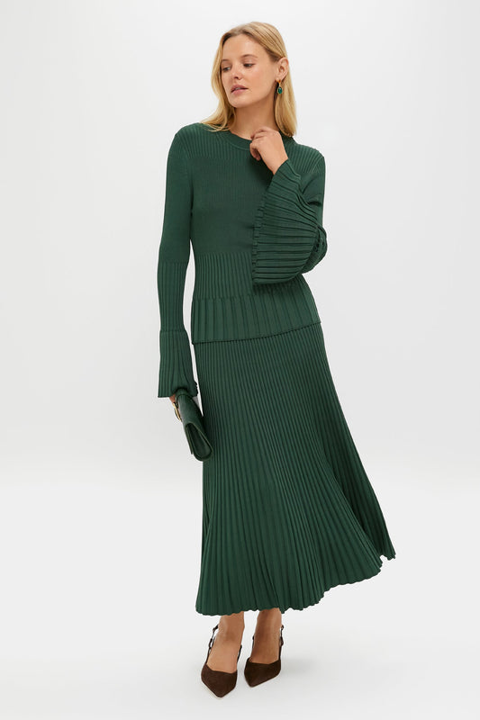 Dark Green Bell Sleeve Rib Sweater