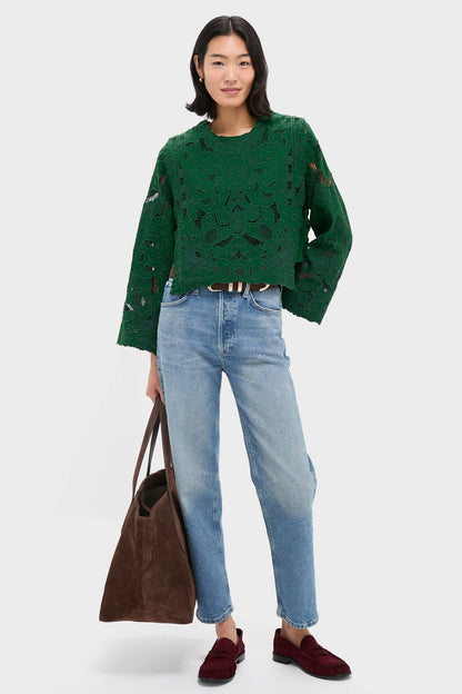 Green Ceci Embroidery Long Sleeve Top