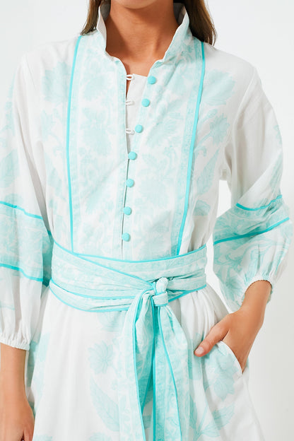 Exclusive Light Turquoise Flounce Shorty Dahlia Print Mini Dress