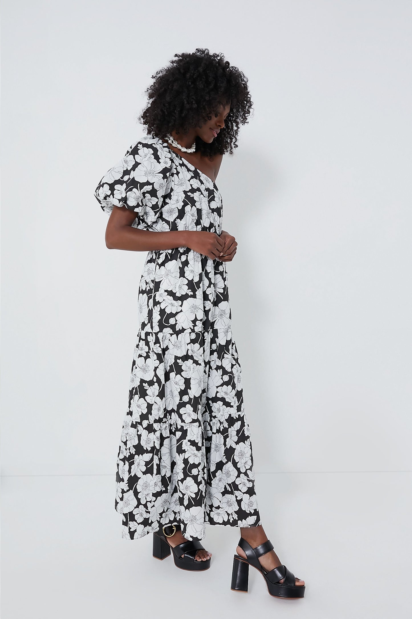 Black & White Floral One Shoulder Maureen Maxi Dress