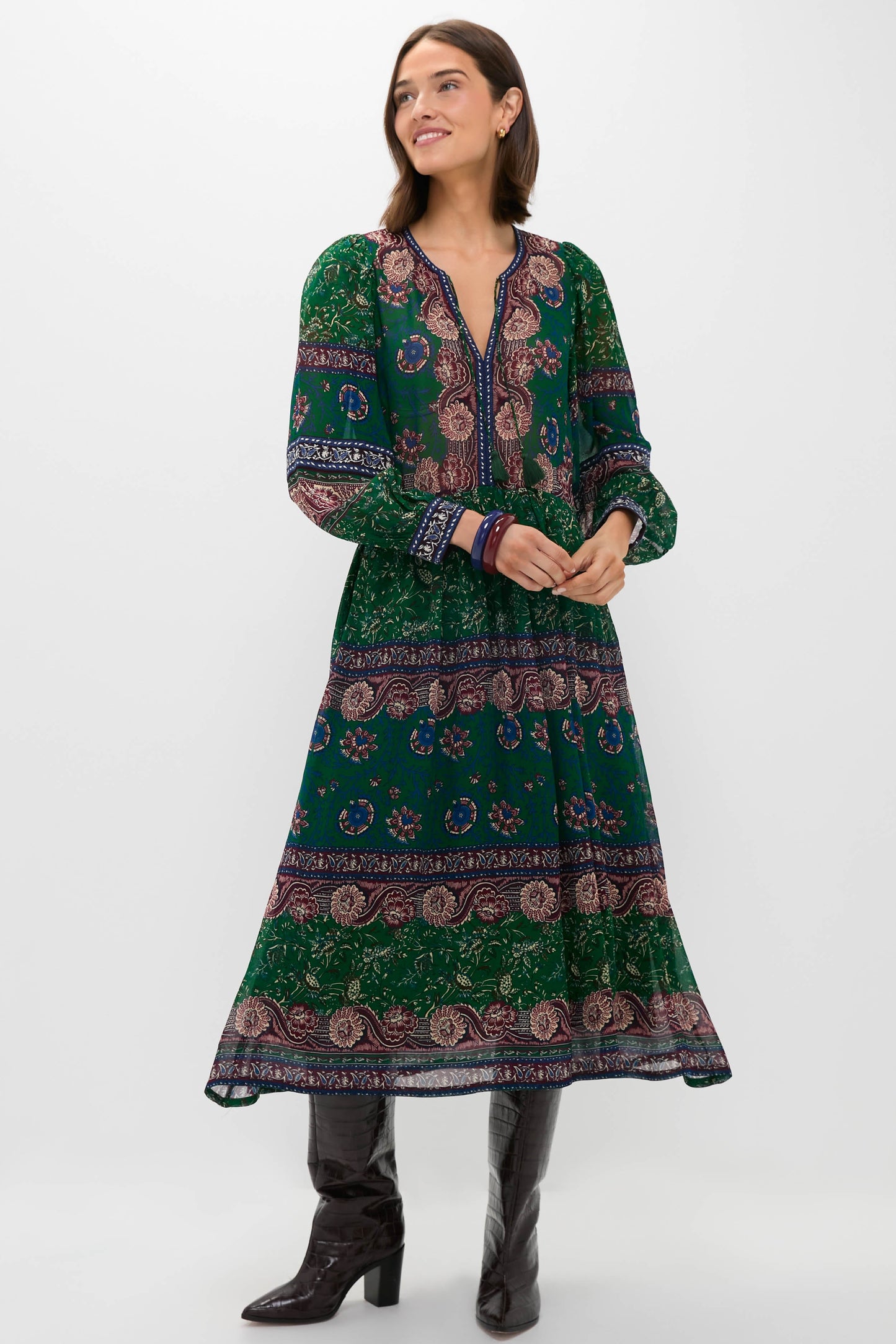 Green Melba Print Long Sleeve Midi Dress