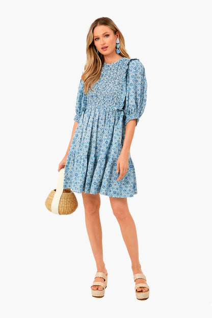 Blue Ida Print Puff Sleeve Smocked Dress
