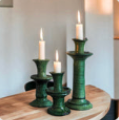 Small Ceramic Glazed Pottery Handmade Moroccan Vintage Tamegroute Green Candlestick Holder