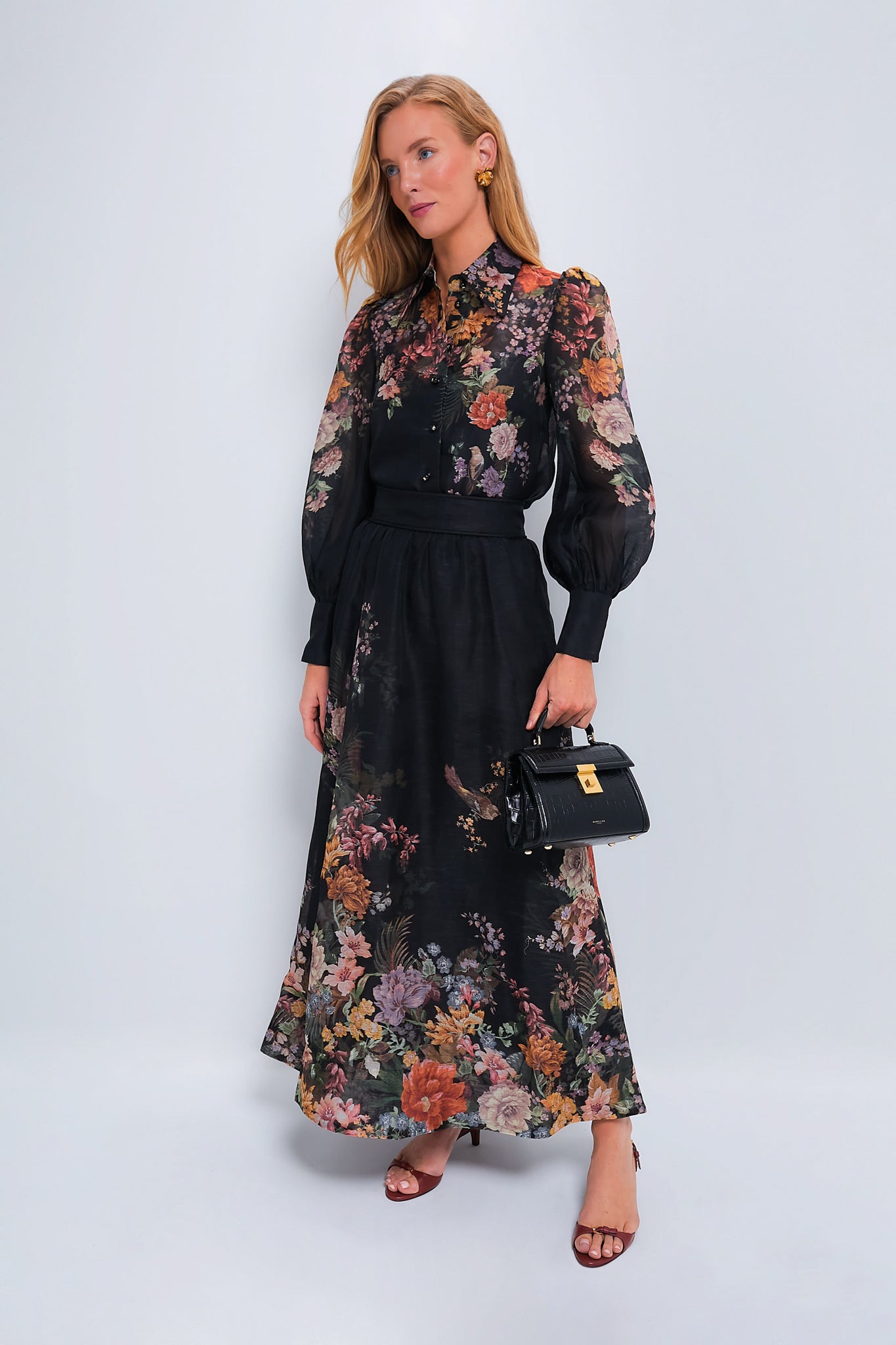 Black Multi Floral Pavilion Tie Neck Blouse
