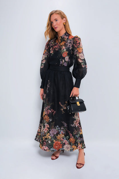 Black Multi Floral Pavilion Tie Neck Blouse