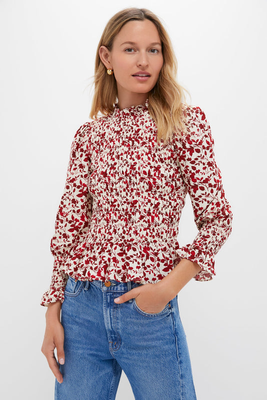 Red and Cream Floral Smocked Cynthia Blouse