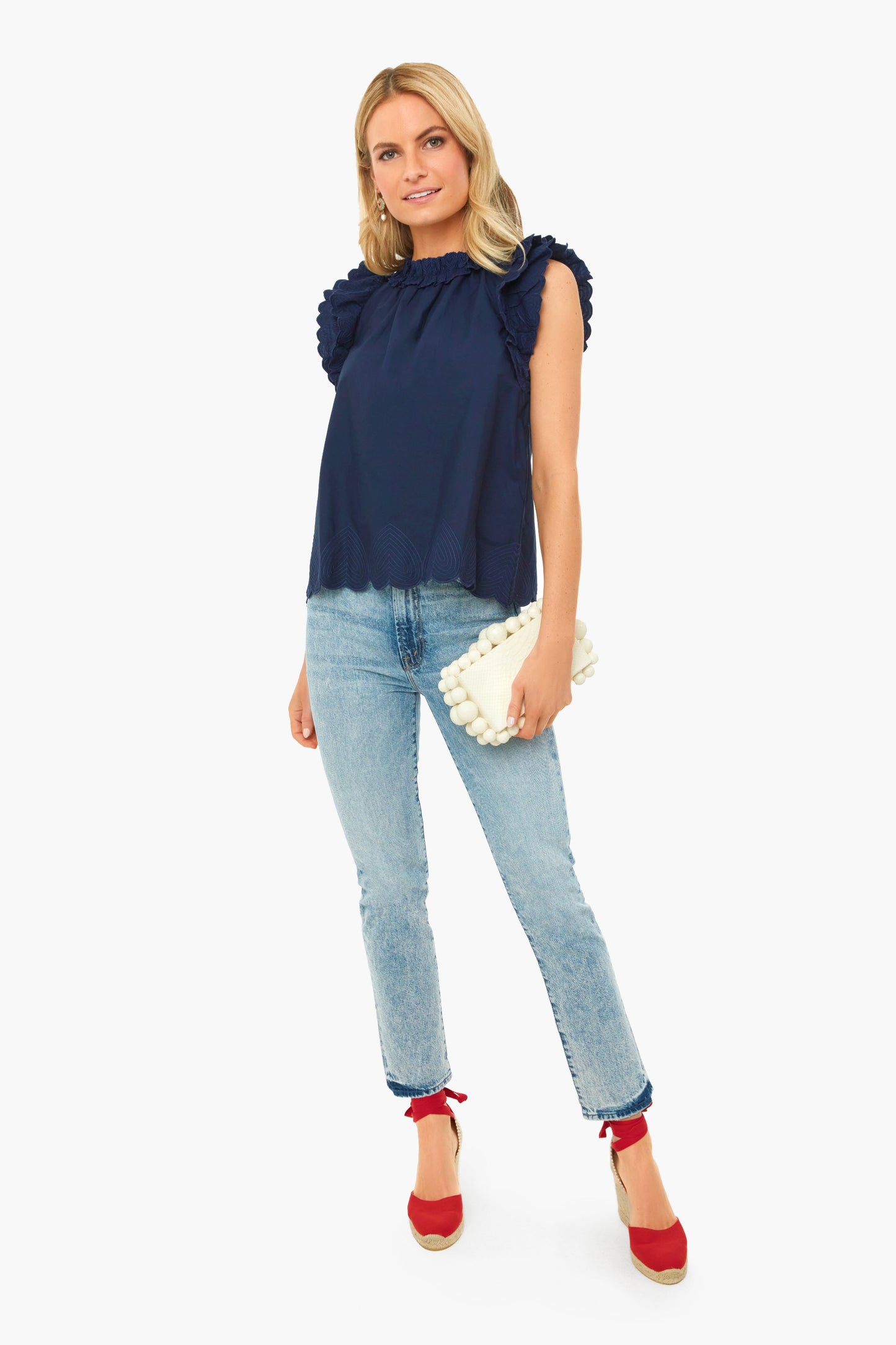 Navy Heidi Heart Quilted Flutter Sleeve Tank Top