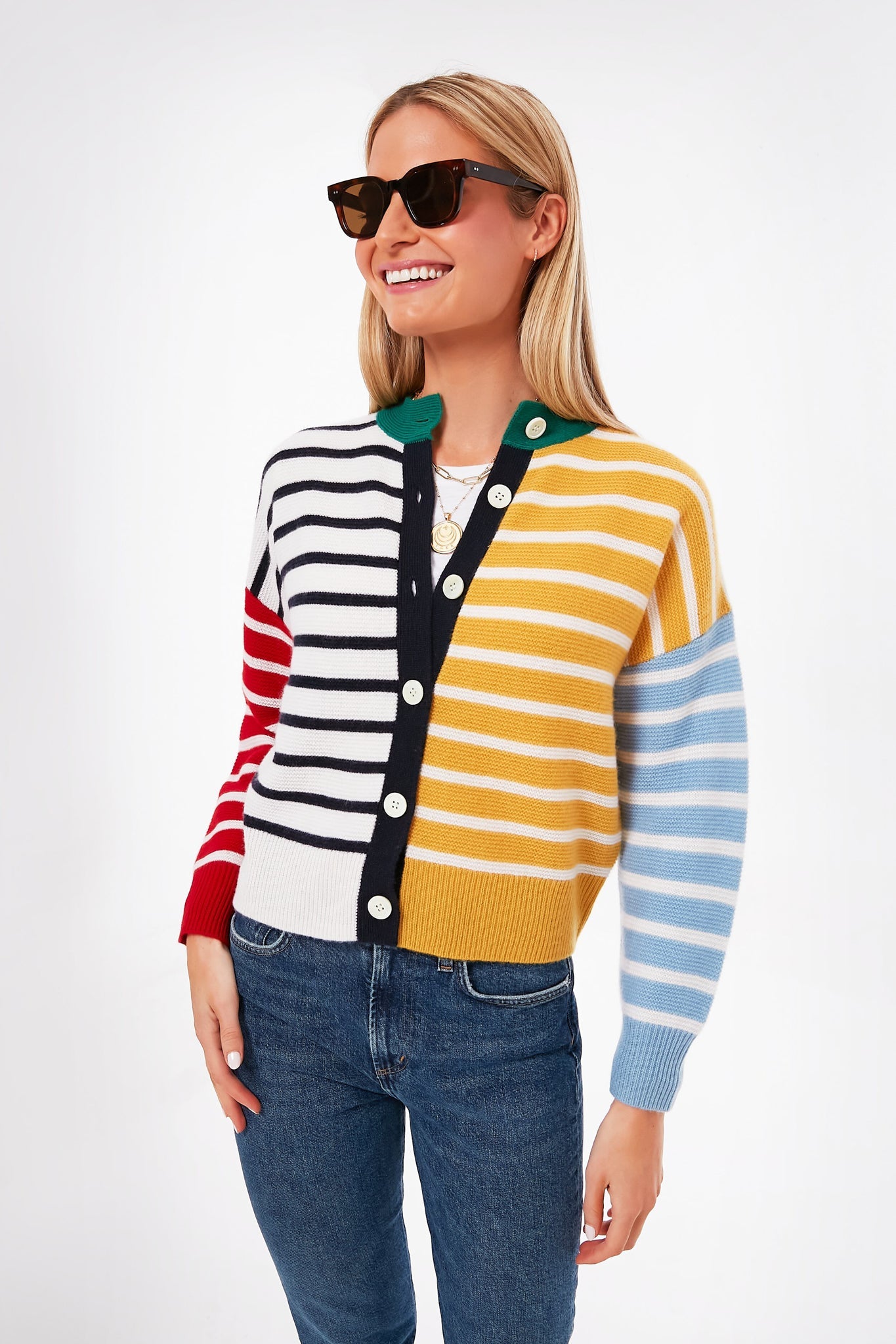 Multi Striped Color Block Cashmere Cardigan