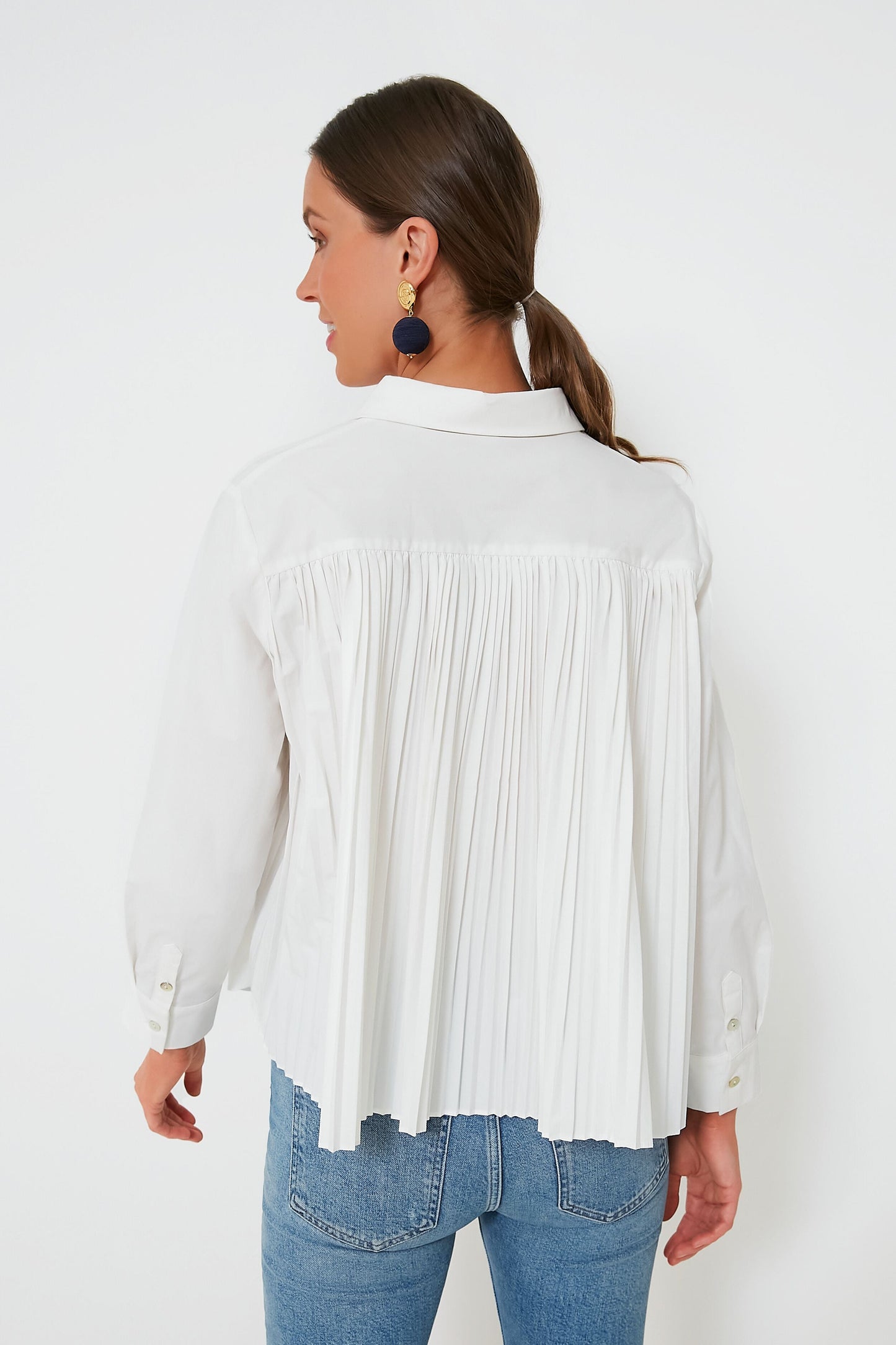 White Pleated Jade Button Down