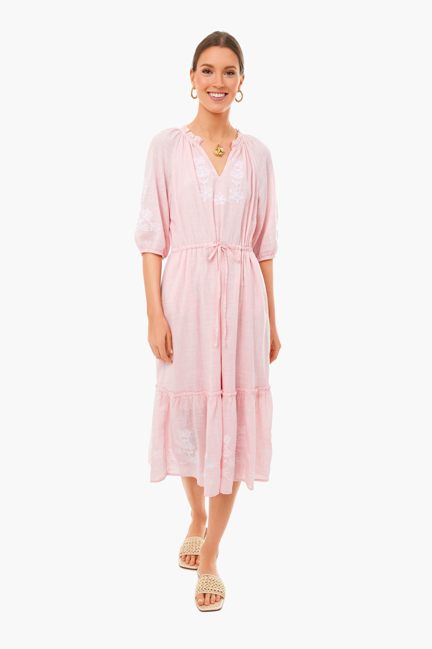 Pink Embroidered Floral Tie Waist Midi Dress