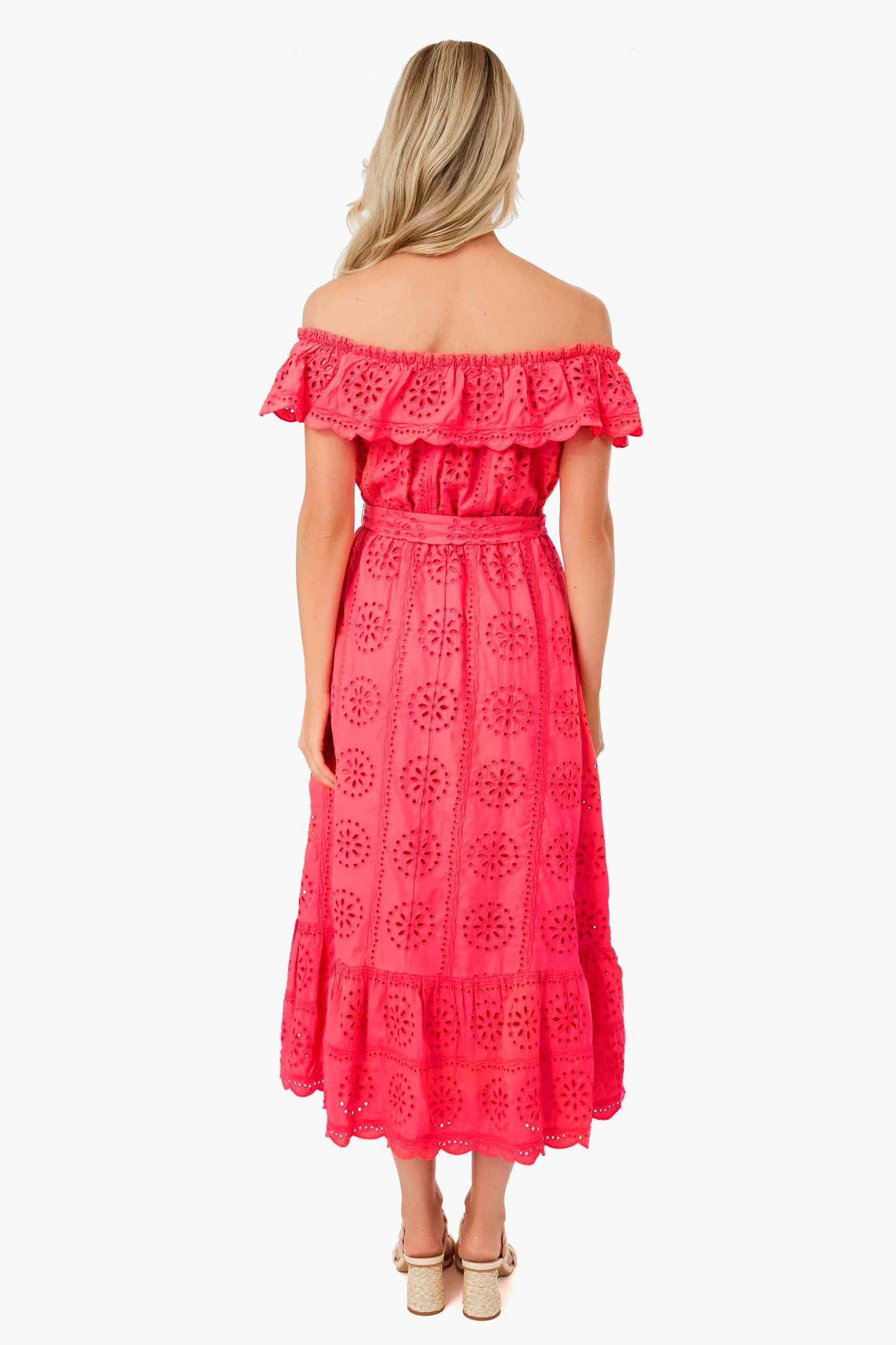 Spicy Coral Liabella Off the Shoulder Eyelet Midi Dress
