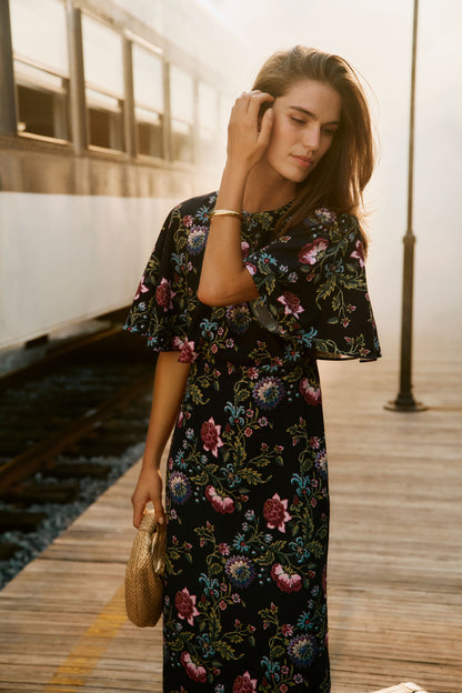 Midnight Moonflower Cape Leah Dress