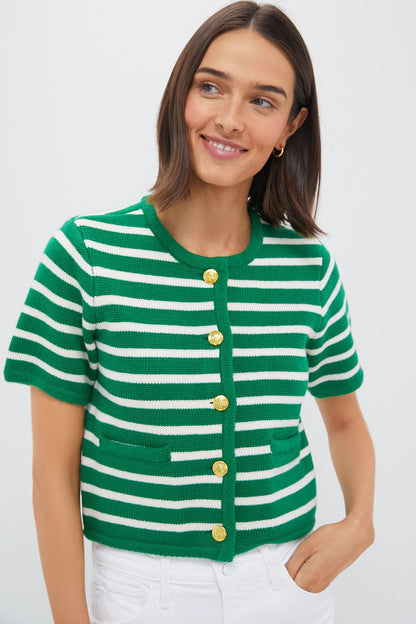 Green & White Striped Short Sleeve Anna Cardigan