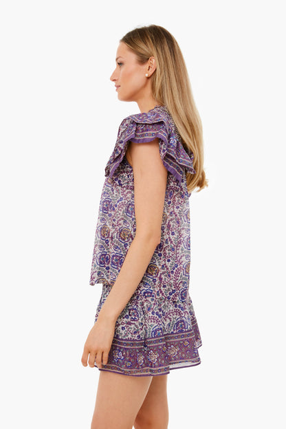 Purple Rosita Border Print Flutter Sleeve Top