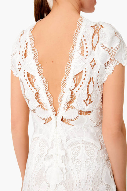 White Laura Guipure Lace Cap Sleeve Midi Dress