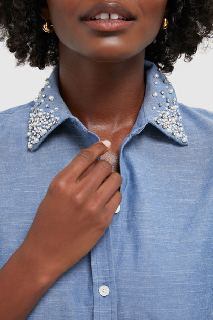 Chambray Denim Embellished Cropped Jasper Button Down