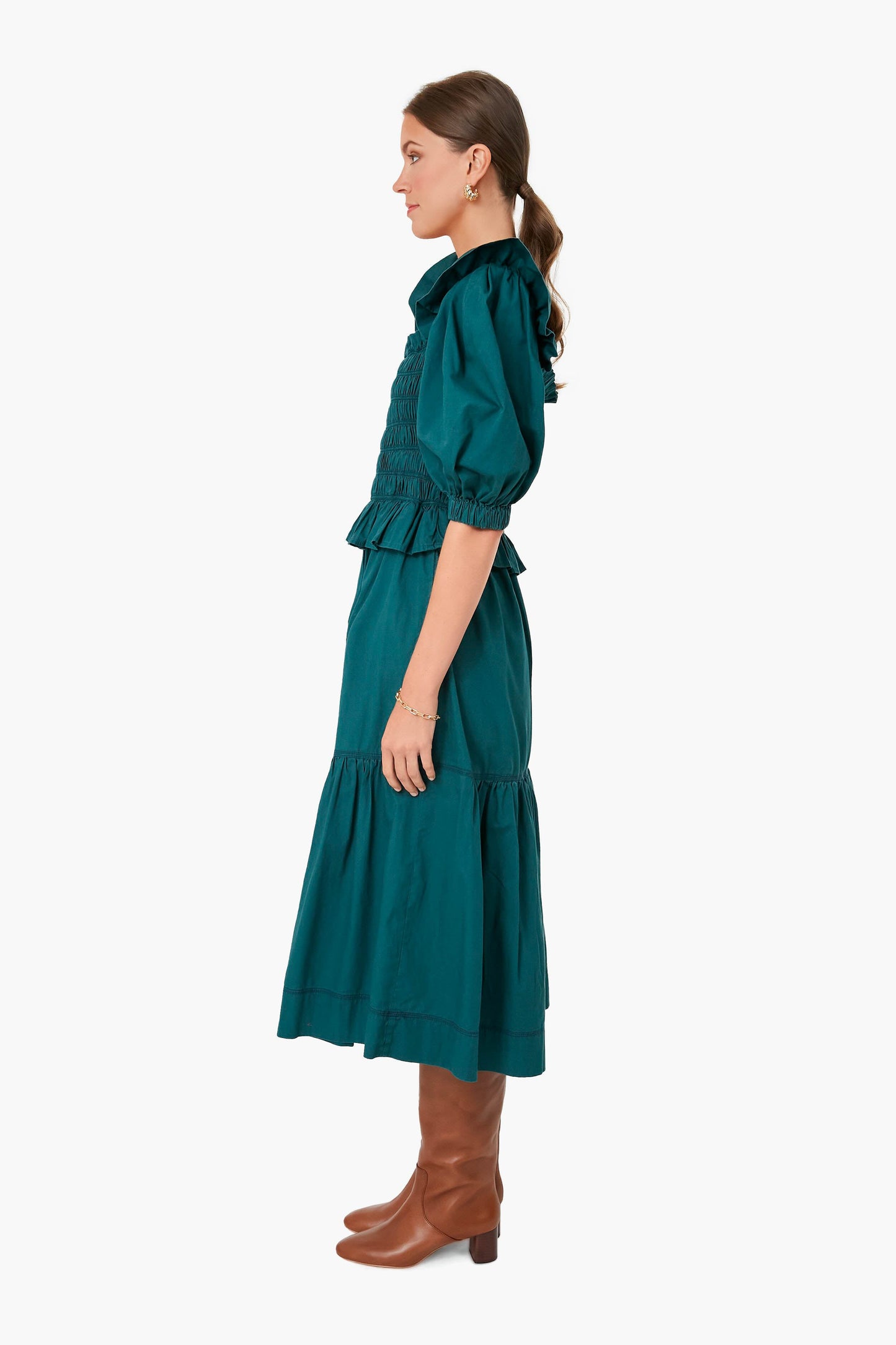 Forest Sybil Solid Cotton Puff Sleeve Smocked Dress