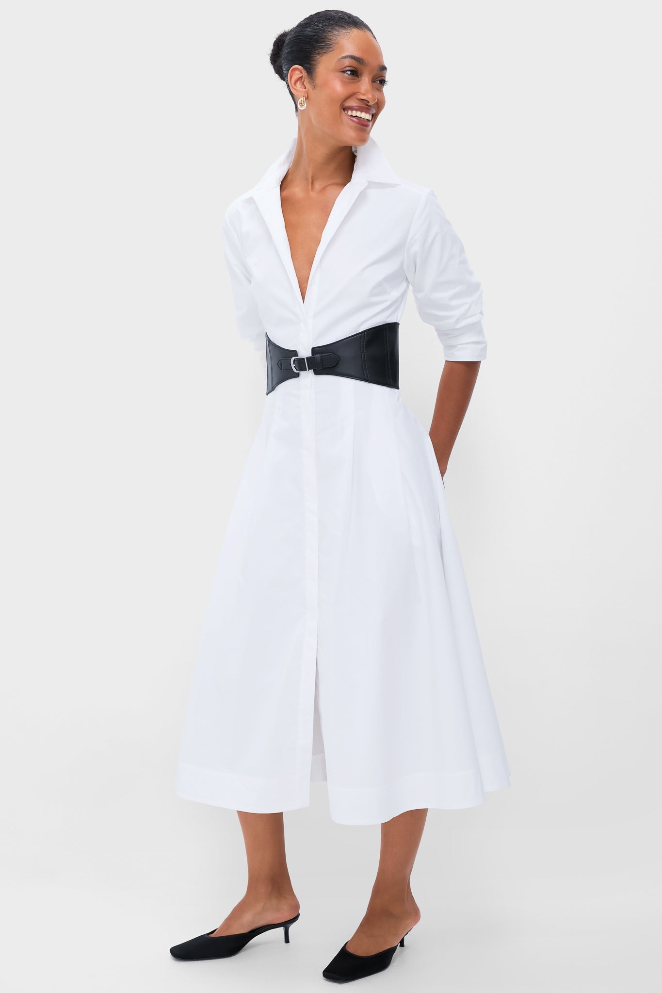 White Olson Belted Midi Dress
