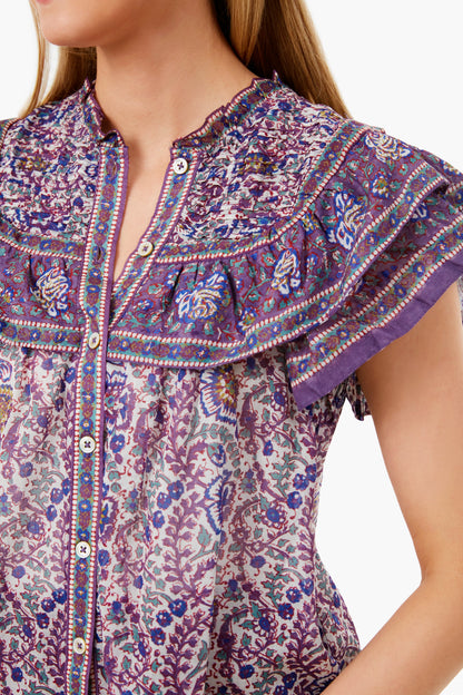 Purple Rosita Border Print Flutter Sleeve Top