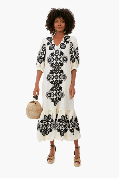 Cream Manuela Embroidered Puff Sleeve V-Neck Dress