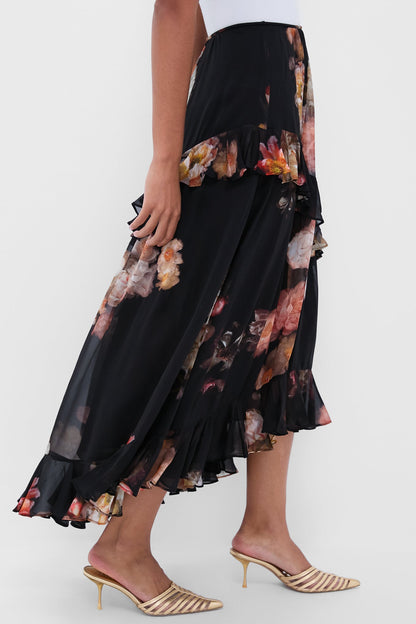 Russet Floral Hypnotic Asymmetric Midi Skirt