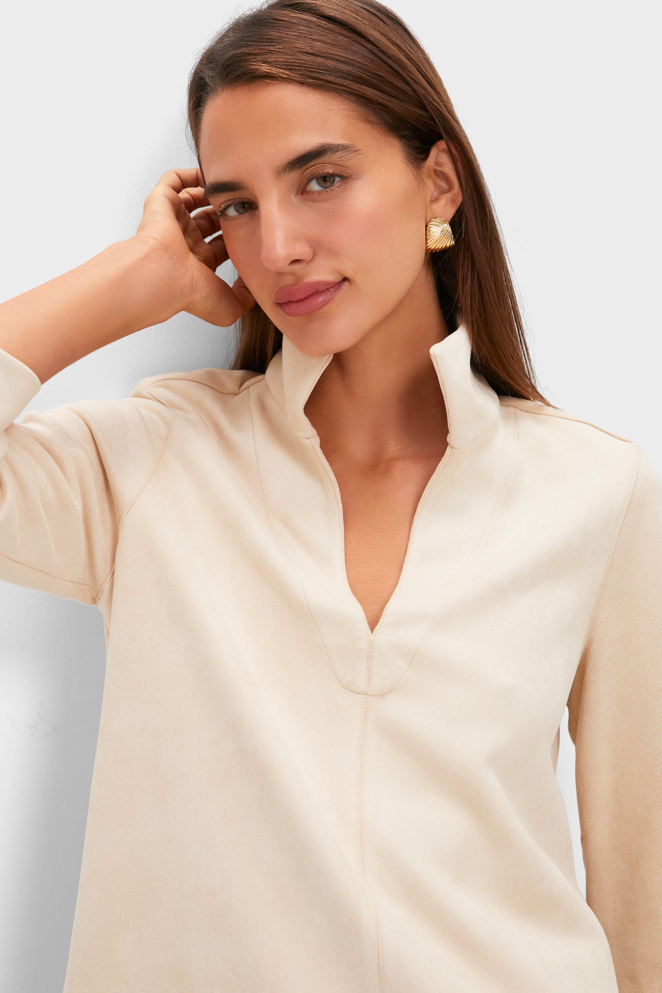 Bone Suede Margot Stand Collar Blouse