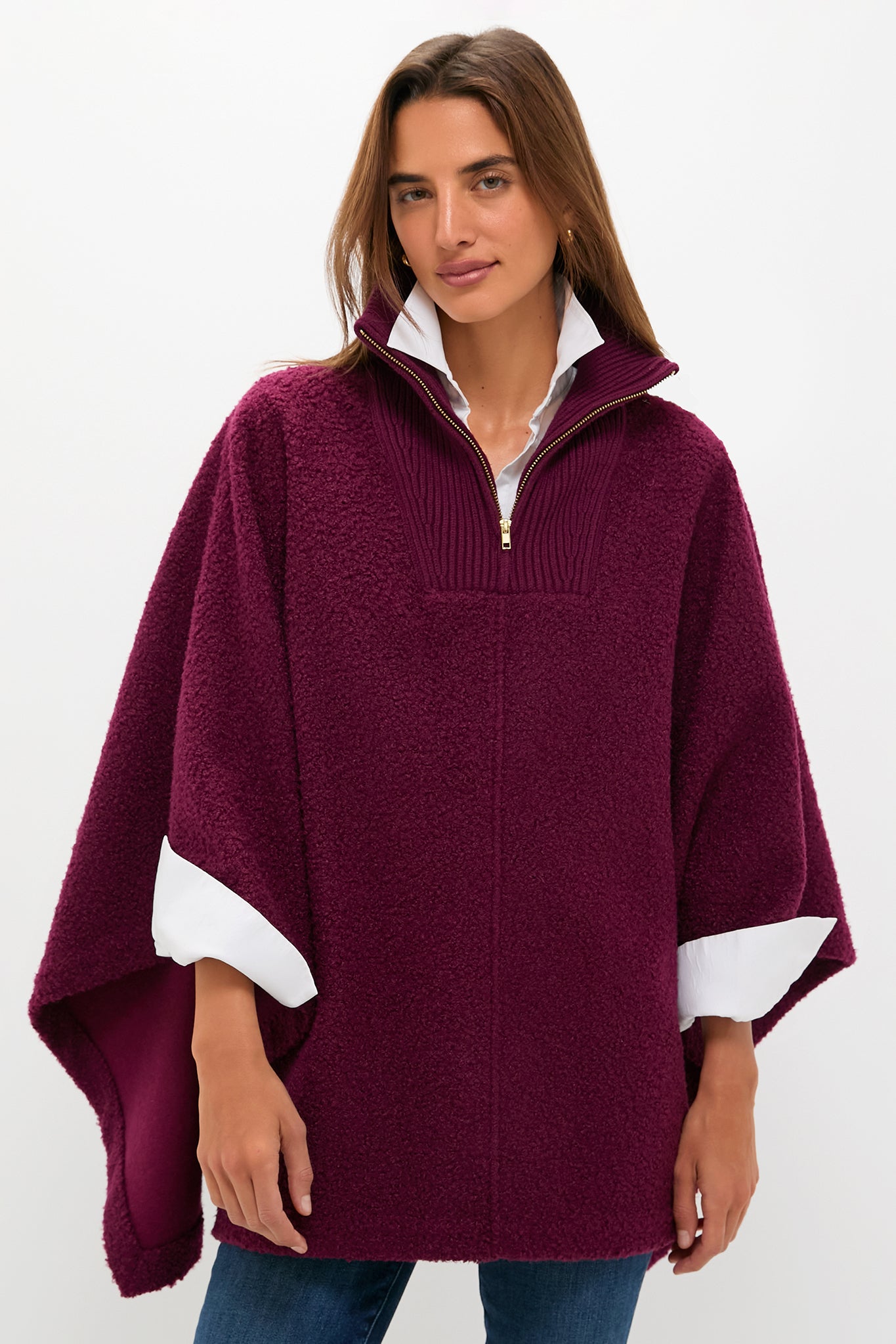 Oxblood Boucle High-Neck Poncho