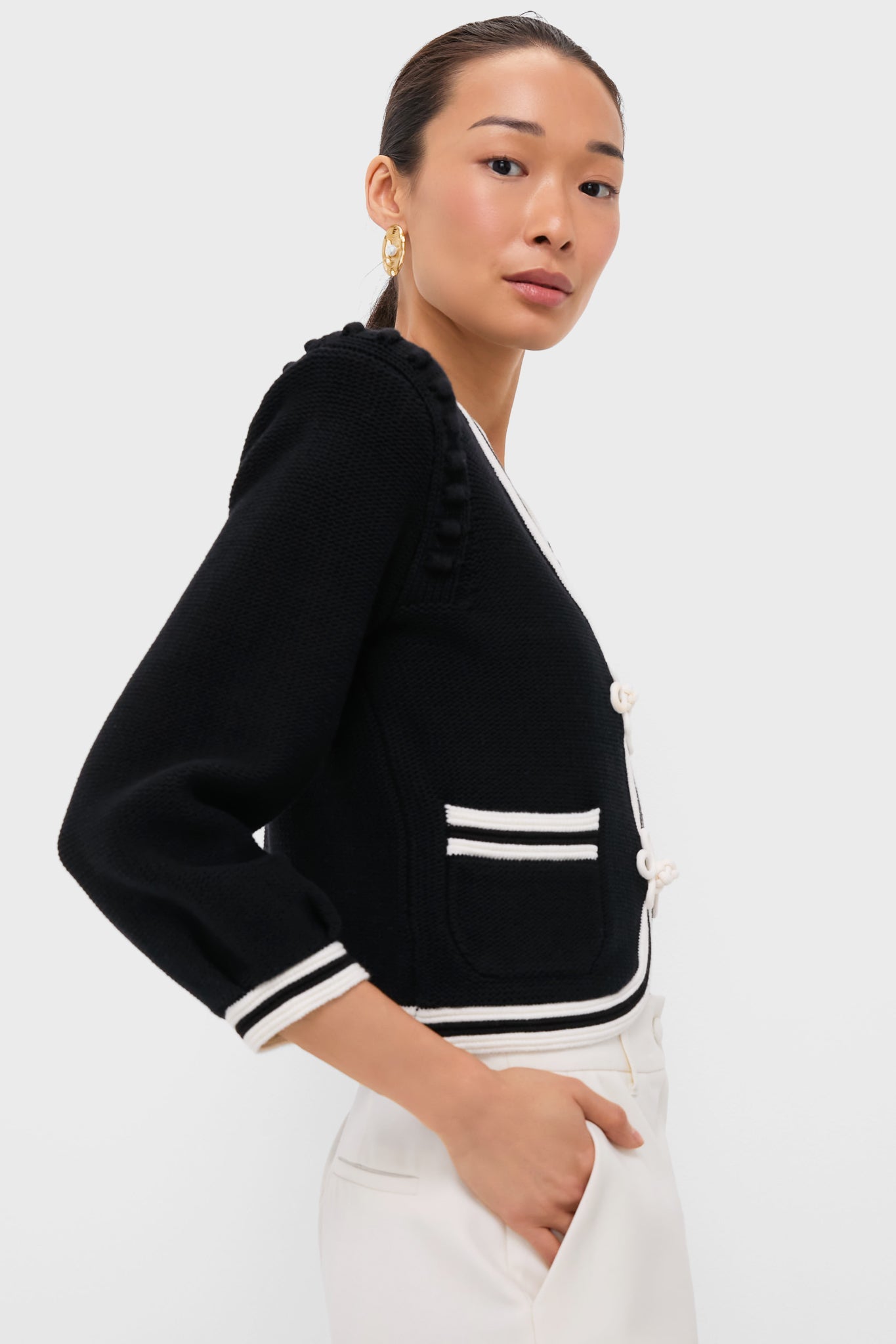 Black and Ivory Kaito Contrast Trim Crop Cardi