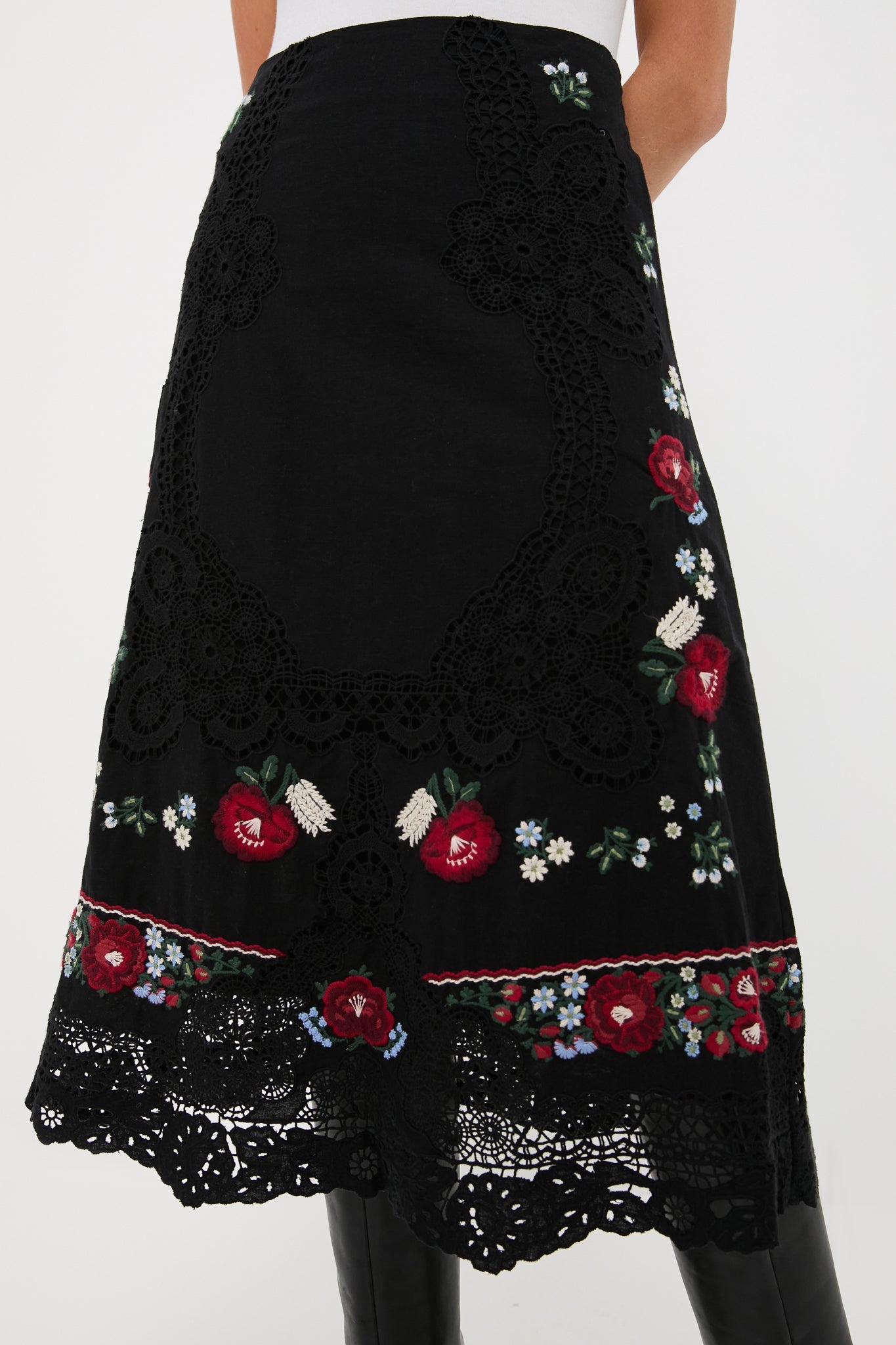Black Rosaline Embroidery Midi Skirt