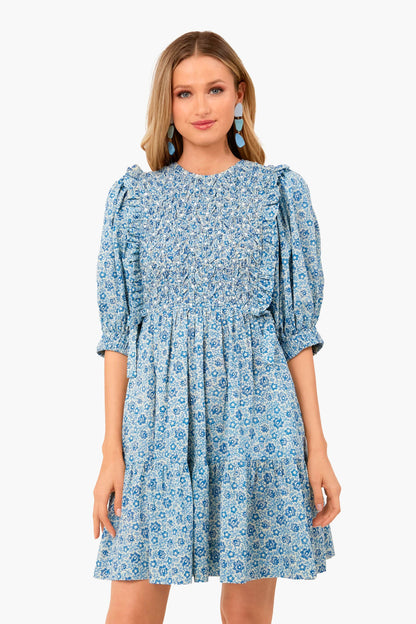 Blue Ida Print Puff Sleeve Smocked Dress