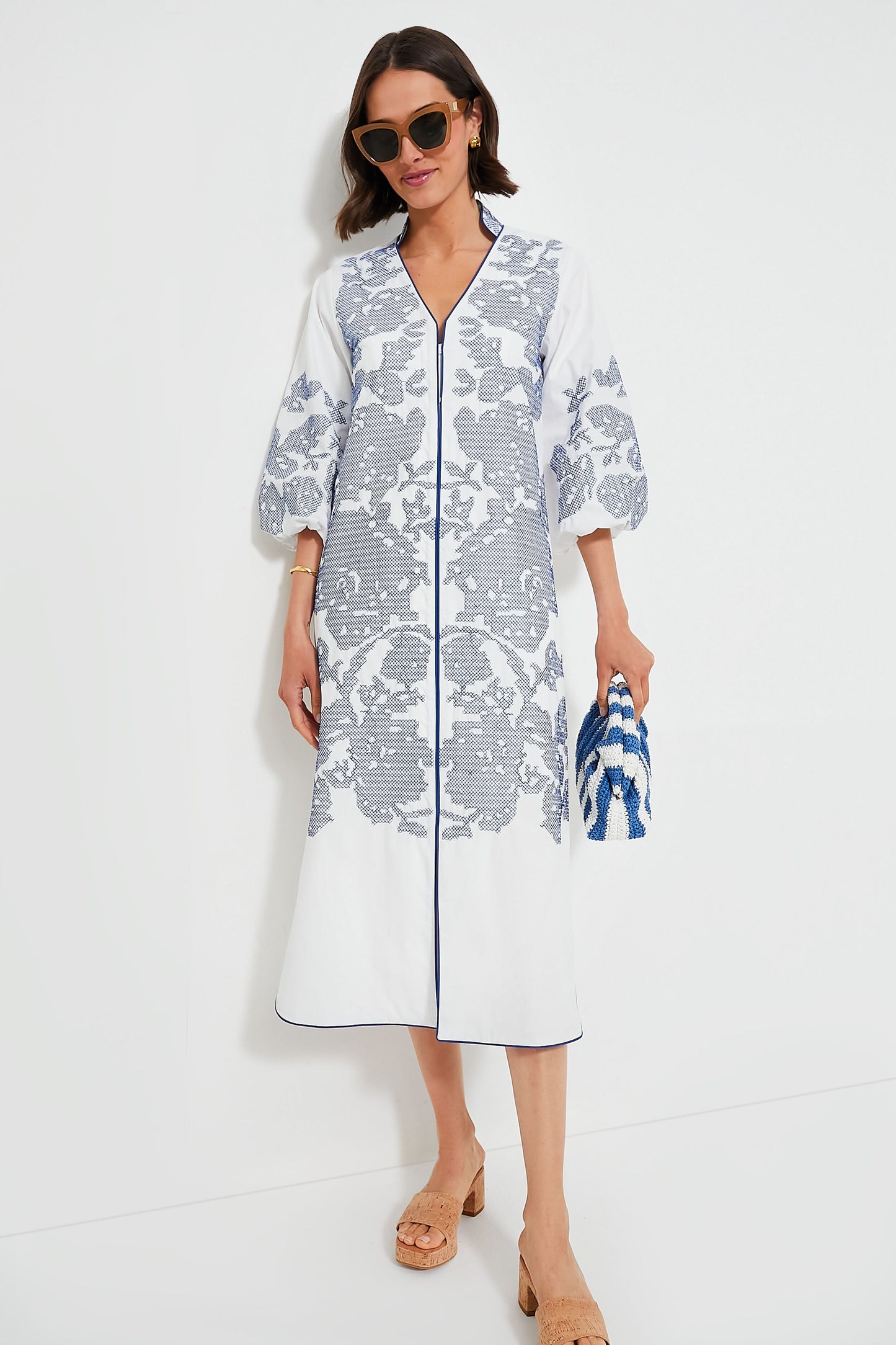 White & Blue Embroidery Arem Caftan