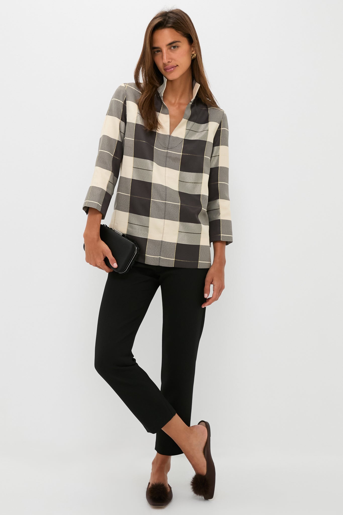 Mairead Check Plaid Margot Stand Collar Blouse
