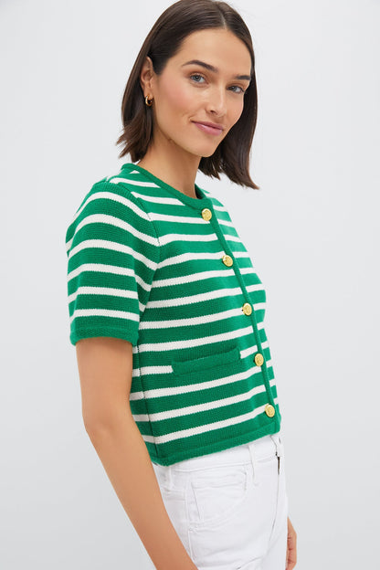 Green & White Striped Short Sleeve Anna Cardigan