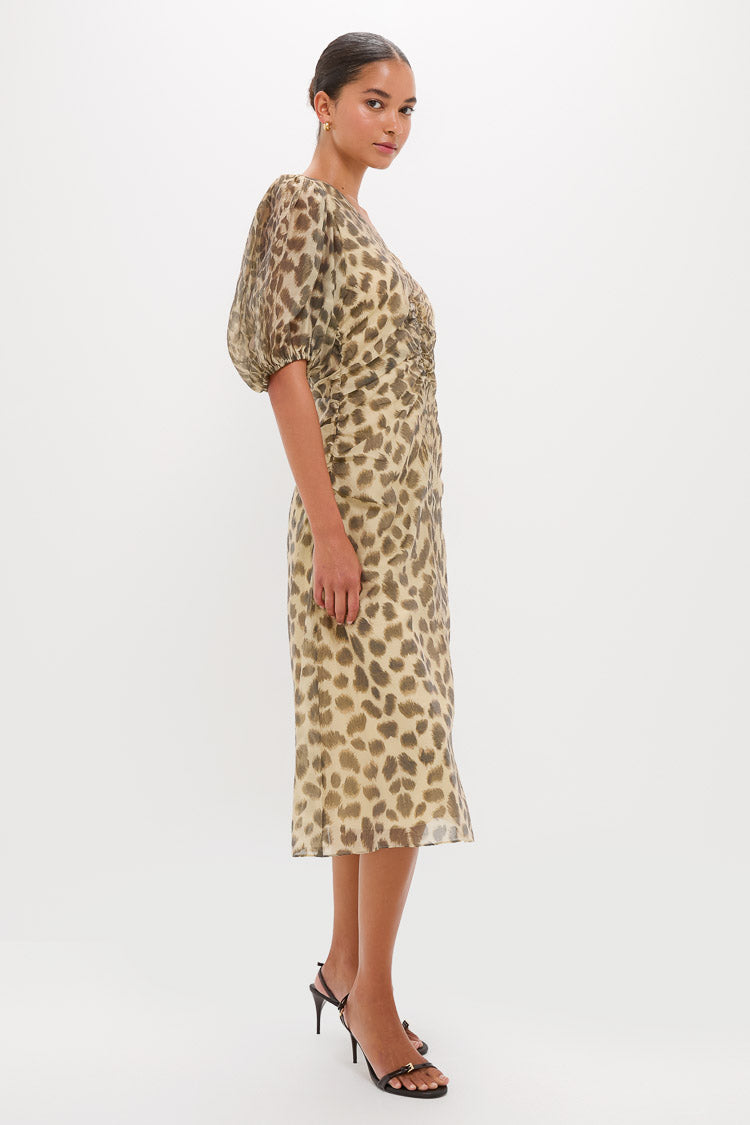 Cream Claude Print Puff Sleeve Midi Dress
