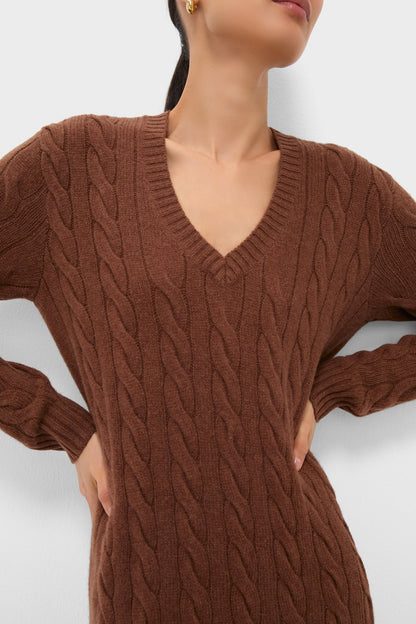 Gingerbread Brown Melange Alpaca Blend Sweater V-Neck Long Sleeve Dress