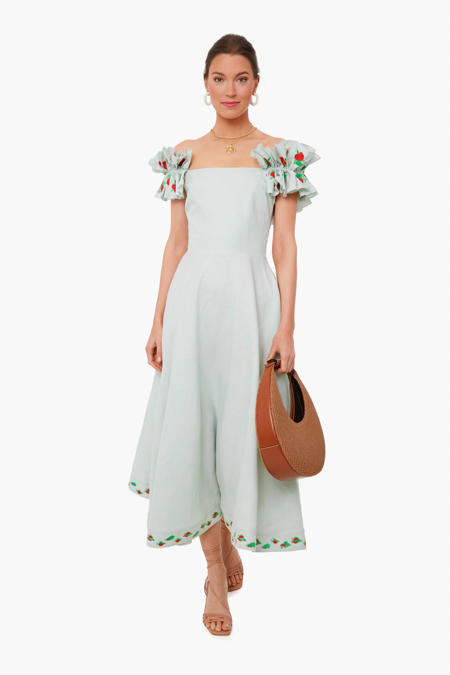Mint Alanya Linen Off The Shoulder Embroidered Midi Dress