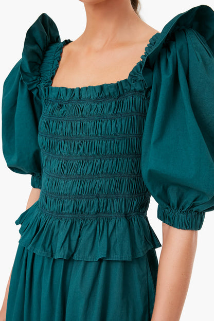 Forest Sybil Solid Cotton Puff Sleeve Smocked Dress